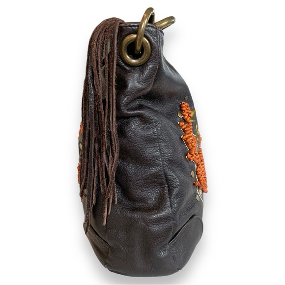 CHI BY CARLOS FALCHI BROWN LEATHER BEADED & EMBROIDERED SHOULDER BAG - Picture 4 of 7